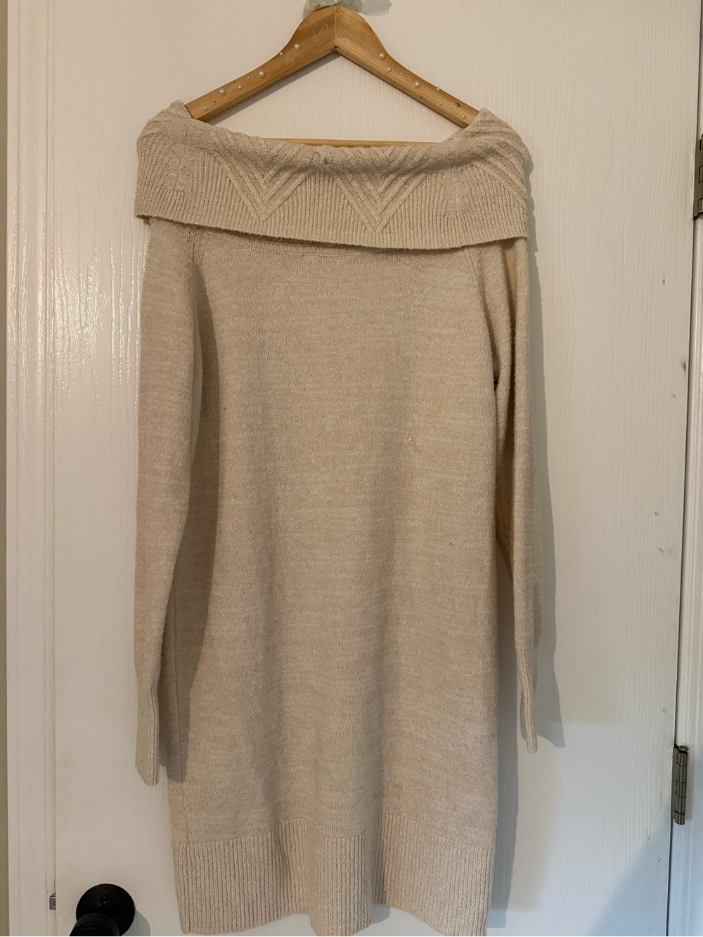 Beige Off-the-Shoulder Sweater Dress